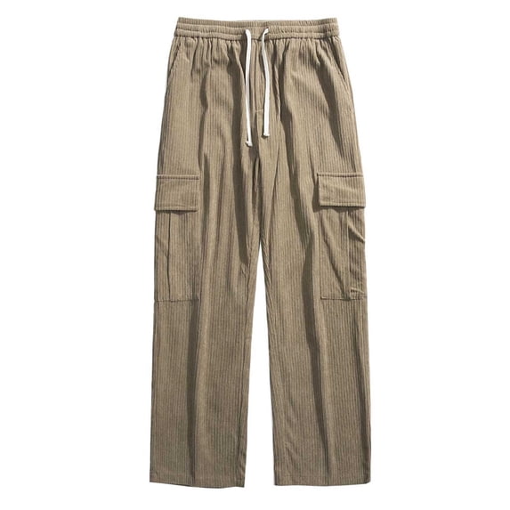 Honeeladyy Mens Corduroy Cargo Pants Drawstring Waist Straight Leg Pants Loose Fit Hiking Gifts Khaki XL