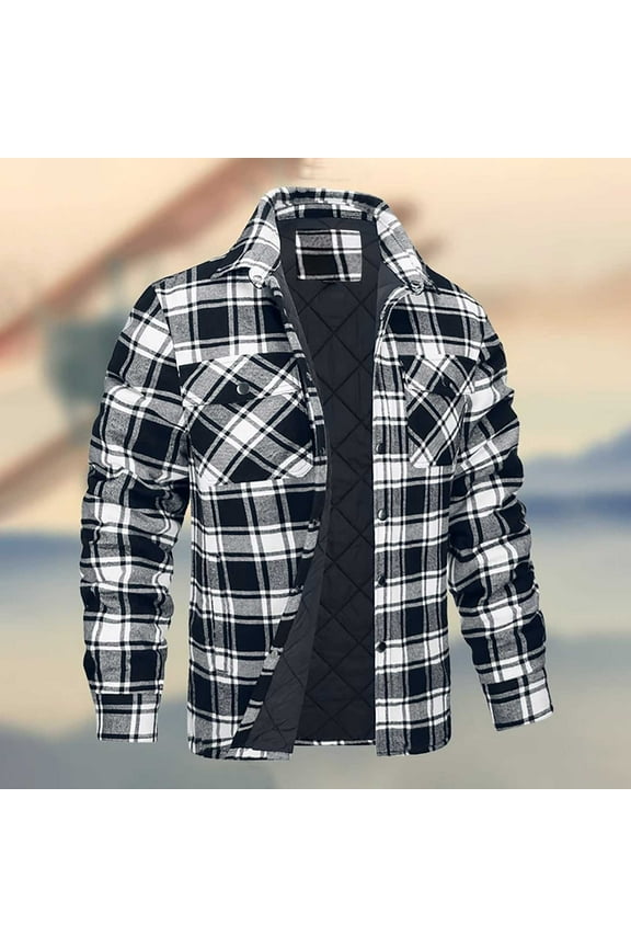 Mens Flannel Shirt Jacket with Quilted Lined Long Sleeve Plaid Coat Button Down Thick Outwear Winter Black XXXXXL