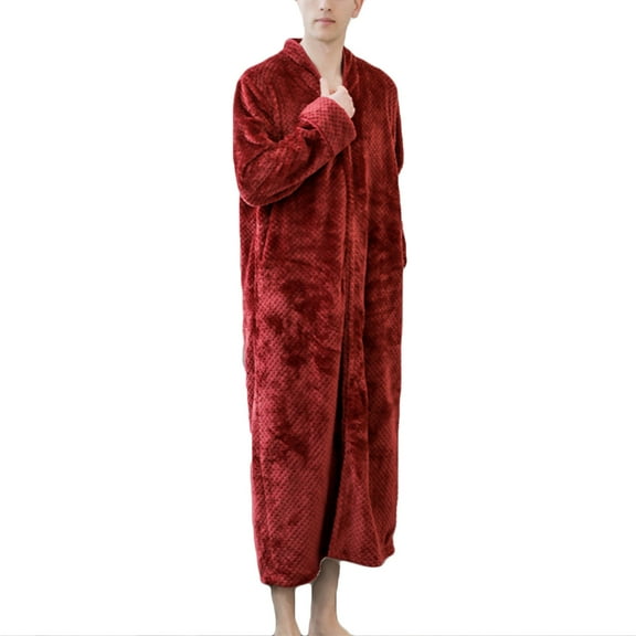 Honeeladyy Mens Flannel Zip Bathrobes, Soft Warm Long Fleece Plush Robe Housecoats Nightgown Sleepwear for Winter Birthday Gift Wine XL
