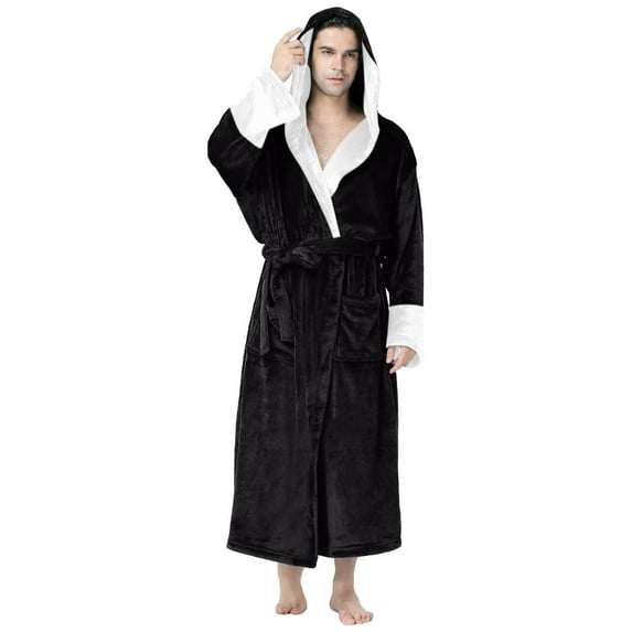 Honeeladyy Mens Fleece Hooded Long Robe,Winter Warm Plush Solid Color Bathrobe Soft Fuzzy Loose Fit Nightgown with Pocket and Belt For Home and Spa Black M