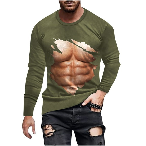 Honeeladyy Mens Funny 3D Muscle Printed T-Shirts Long Sleeve Graphic Tees Fall Winter Novelty Pullover Blouse Tops #Sg-Army Green-XL