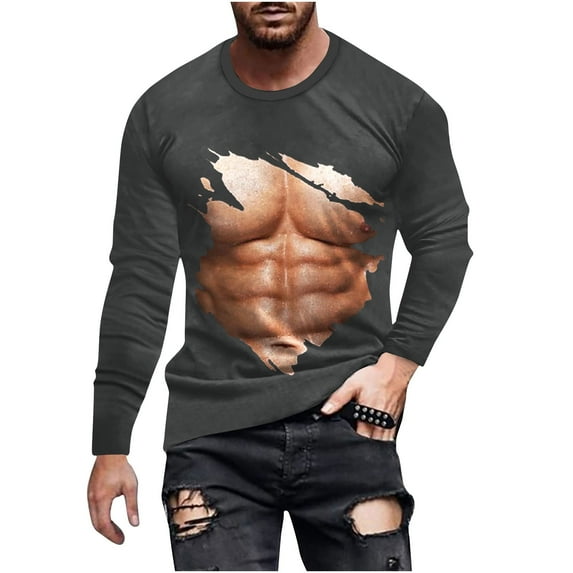 Honeeladyy Mens Funny 3D Muscle Printed T-Shirts Long Sleeve Graphic Tees Fall Winter Novelty Pullover Blouse Tops #Sg-Gray-XXL