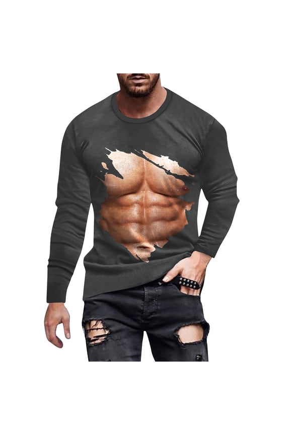 Mens Funny 3D Muscle Printed T-Shirts Long Sleeve Graphic Tees Fall Winter Novelty Pullover Blouse Tops #Sg-Gray-XXXL