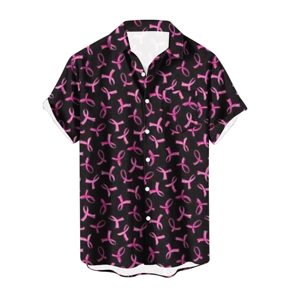 Honeeladyy Mens Hawaiian Shirts Breast-Cancer-Pink Short Sleeve Casual Button Down Tropical Beach Shirt #FE-Black-M