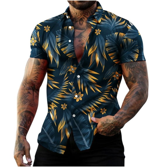 Honeeladyy Mens Hawaiian Shirts Short Sleeve Button Down Tropical Hawaii Floral Printed Shirts for Summer Beach Party Christmas Gift for Husband Blue L