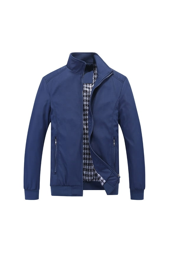 Mens Lightweight Bomber Jacket, Fall Slim Fit Zipper Active Coat Casual Solid Color Outerwear for Work Dark Blue XXXXL