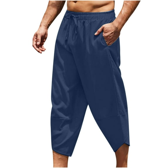 Honeeladyy Mens Linen Cotton Loose Fit Pants Casual Lightweight Elastic Waist Summer Beach Pants Birthday Gifts for Dad Navy M