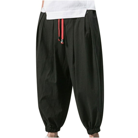 Honeeladyy Mens Linen Pants Elastic Waist Drawstring Wide Leg Loose Hippie Harem Pants Lightweight Summer Beach Pants Christmas Gift for Husband Black XXXXL