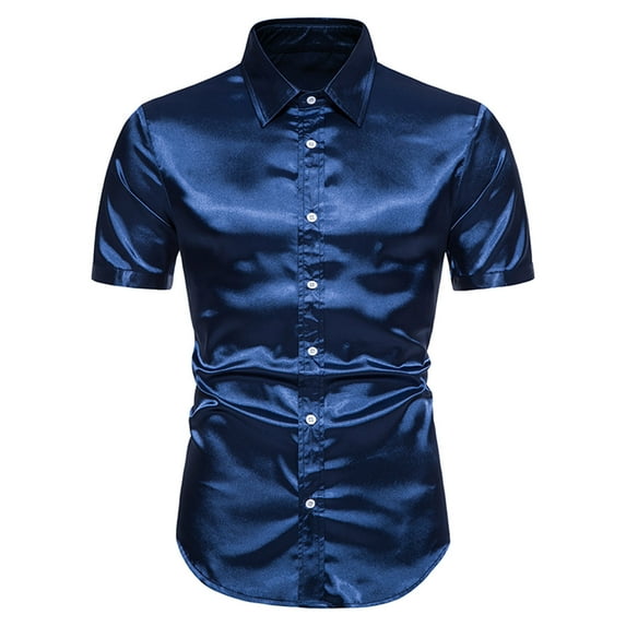 Honeeladyy Mens Satin Short Sleeve Shirts Summer Solid Color Button Up Slim Shirts for Party Prom Wedding Christmas Gift for Husband Navy XL