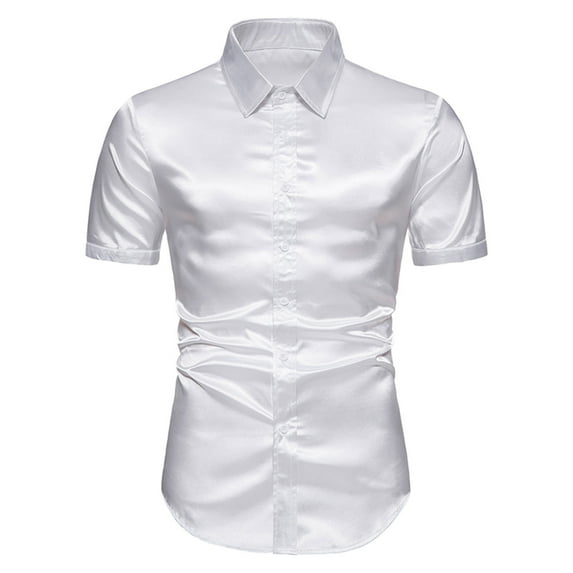 Honeeladyy Mens Satin Short Sleeve Shirts Summer Solid Color Button Up Slim Shirts for Party Prom Wedding Christmas Gifts for Son White XXL