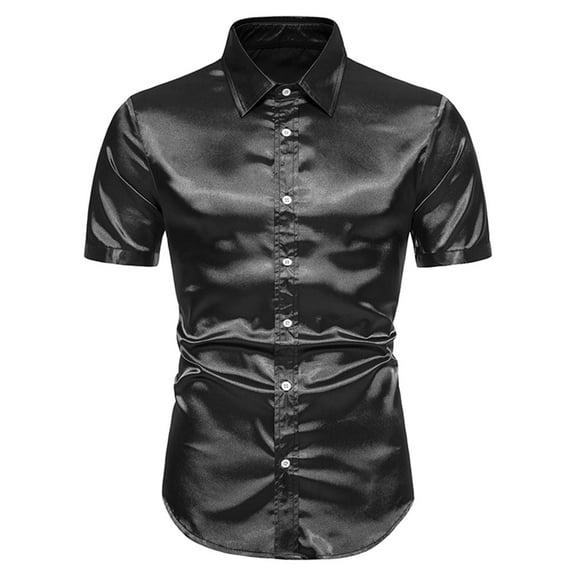 Honeeladyy Mens Satin Short Sleeve Shirts Summer Solid Color Button Up Slim Shirts for Party Prom Wedding New Year Gift for Boyfriend Black L