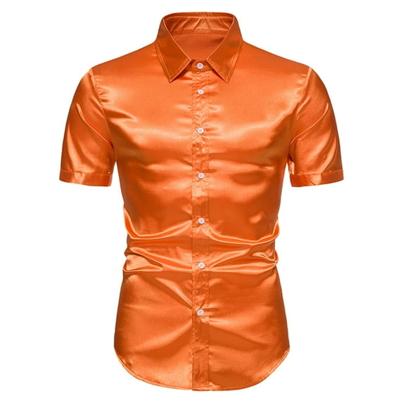Honeeladyy Mens Satin Short Sleeve Shirts Summer Solid Color Button Up Slim Shirts for Party Prom Wedding New Year Gift for Boyfriend Orange XL