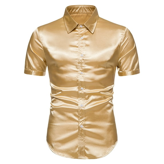 Honeeladyy Mens Satin Short Sleeve Shirts Summer Solid Color Button Up Slim Shirts for Party Prom Wedding New Year Gift for Son Yellow L