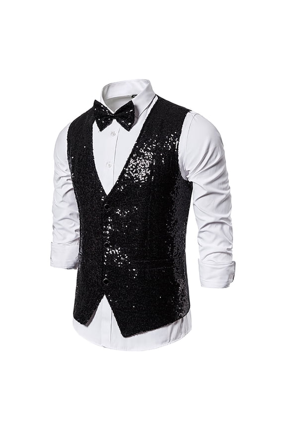 Mens Sequins Vest,Slim Fit Christmas Party Vest Shiny Dress Waistcoat with Bow tie for Wedding Prom and Events Black L