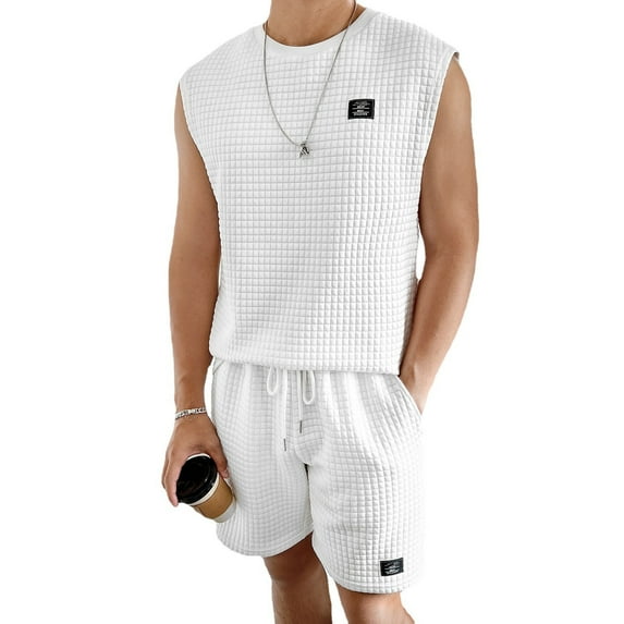 Honeeladyy Mens Sets Outfits 2 Piece Beach Drawstring Tank Tops Sleeveless Shirt Matching Shorts #Be-White-XL