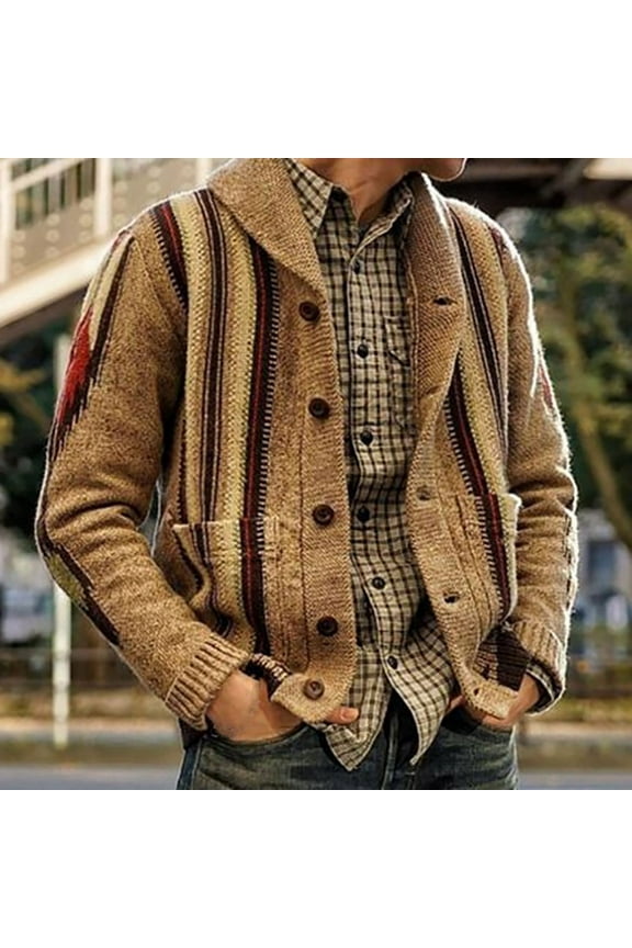 Mens Shawl Collar Cardigan Sweater Coat,Multi-Color Button Down Knitted Sweaters with Pockets Khaki L