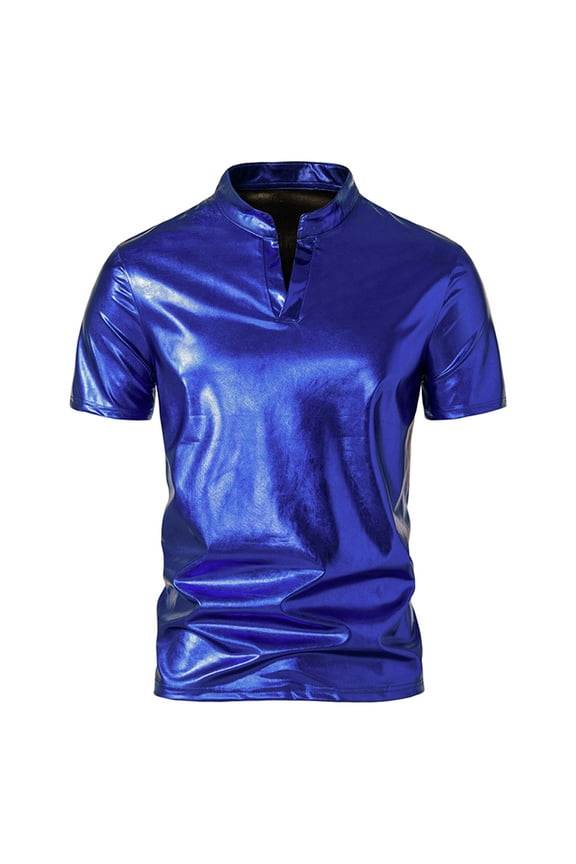 Mens Shiny Metallic V Neck T Shirts Short Sleeve Performance Tops for Nightclub Solid Color Slim Fit Summer Tee Shirt for Motorcycle Rides Birthday Gift for Son Blue XXL