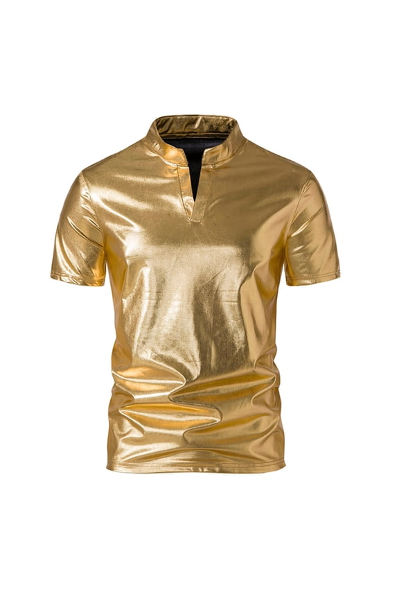 Mens Shiny Metallic V Neck T Shirts Short Sleeve Performance Tops for Nightclub Solid Color Slim Fit Summer Tee Shirt for Motorcycle Rides Christmas Gift for Boyfriend Gold S