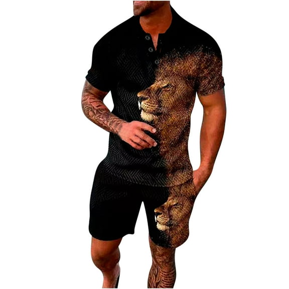 Honeeladyy Mens Short Sets 2 Piece Outfits Fashion Summer Tracksuits Casual Shirt and Shorts Set #Cd-Brown-XXXL