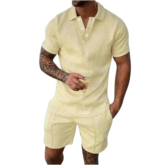 Honeeladyy Mens Short Sets 2 Piece Outfits Fashion Summer Tracksuits Casual Shirt and Shorts Set #Dd-Beige-L