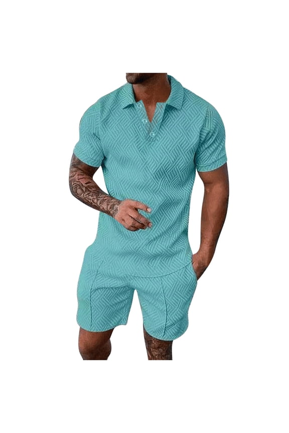 Mens Short Sets 2 Piece Outfits Fashion Summer Tracksuits Casual Shirt and Shorts Set #Dd-Light Blue-M