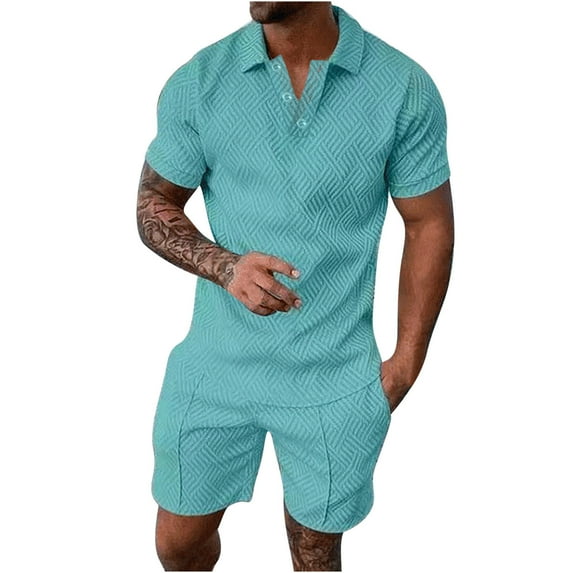 Honeeladyy Mens Short Sets 2 Piece Outfits Fashion Summer Tracksuits Casual Shirt and Shorts Set #Dd-Light Blue-S