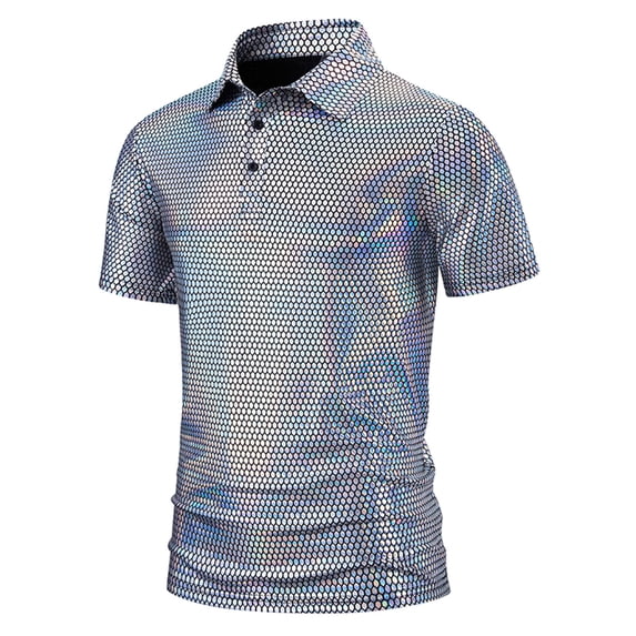 Honeeladyy Mens Sparkly Shirts Summer Stage Tops Sequin Glitter Short Sleeve T Shirt Button Turn Down Collar Pullover for Bar Party Silver M