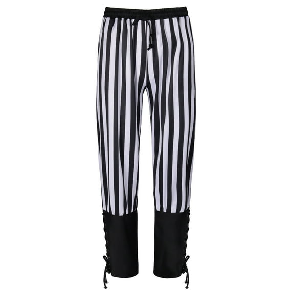Honeeladyy Mens Striped Print Pants Banded Cuff Renaissance Pants Medieval Viking Pants with Drawstrings Birthday Gift for Son Black M
