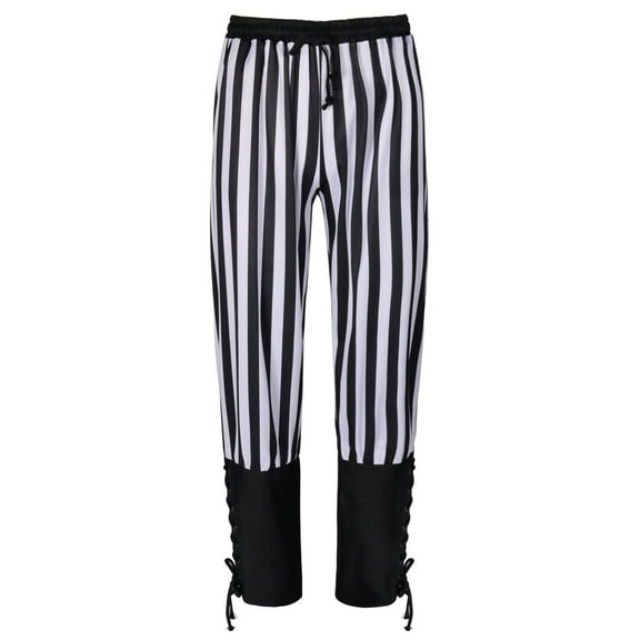 Honeeladyy Mens Striped Print Pants Banded Cuff Renaissance Pants Medieval Viking Pants with Drawstrings Valentines Day Gifts for Boyfriend Black XXL