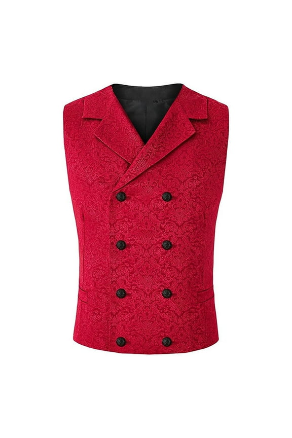 Mens Victorian Vest Steampunk Double Breasted Suit Vest Slim Fit Brocade Paisley Floral Waistcoat Red M