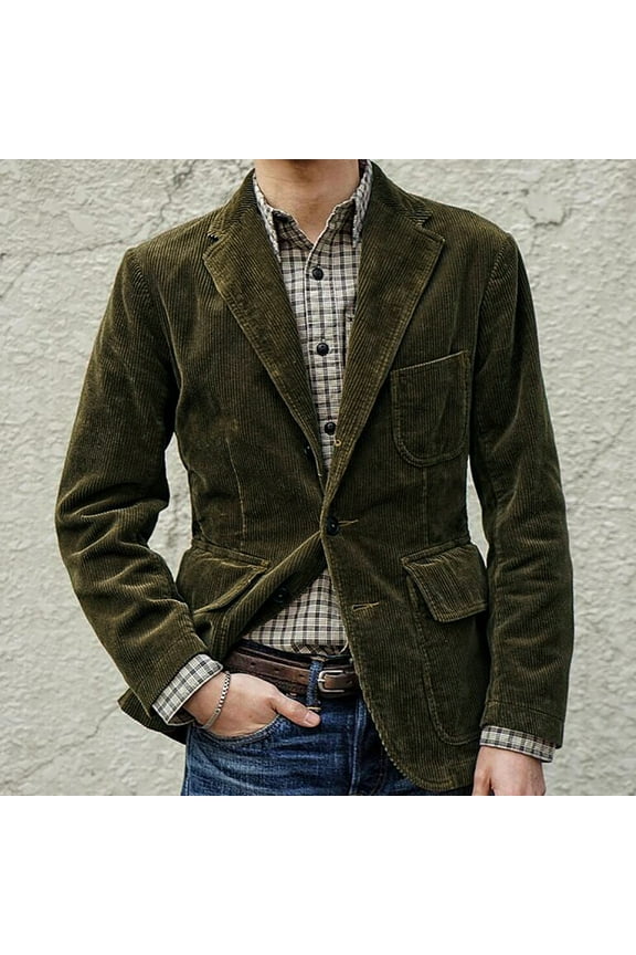 Mens Vintage Business Blazer Jacket,Fall Casual Work Wear Corduroy Suit Jacket Long Sleeve Sport Coat Single Breasted Formal Blazer for Party Army Green S