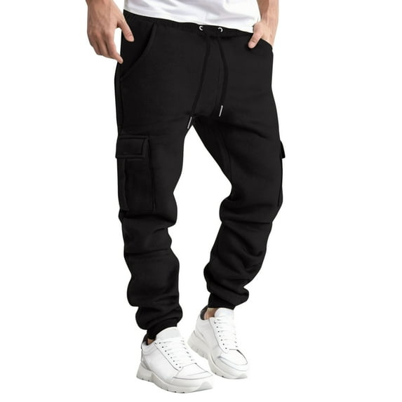 Honeeladyy Mens Warm Joggers Pants Winter Drawstring Cargo Pants for Hiking Outdoor Track Jogging Sweatpants with Multipocket Thanksgiving Gifts Black XL