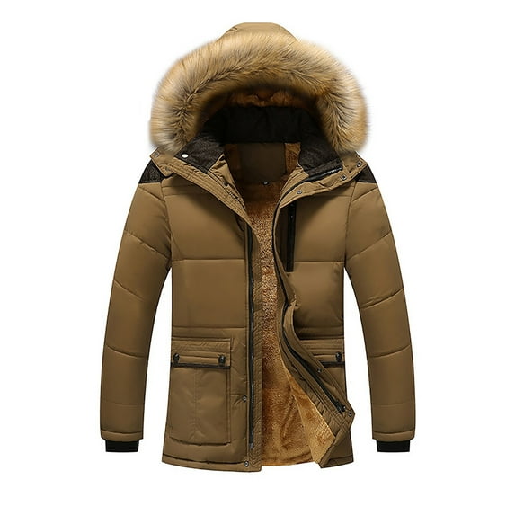 Honeeladyy Mens Winter Puffer Jacket Thicken Winter Coat Warm Padded Jacket with Hood for Outdoor Skiing Khaki XXXL