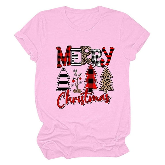 Honeeladyy Merry Christmas Shirts for Women Xmas Plaid Tree Letter Printed Shirt Top Short Sleeve Casual Graphic Print T Shirt for All Season Birthday Gift Pink M