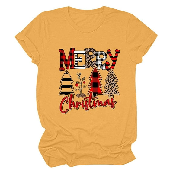 Honeeladyy Merry Christmas Shirts for Women Xmas Plaid Tree Letter Printed Shirt Top Short Sleeve Casual Graphic Print T Shirt for All Season Birthday Gift Yellow S