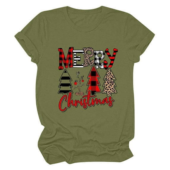 Honeeladyy Merry Christmas Shirts for Women Xmas Plaid Tree Letter Printed Shirt Top Short Sleeve Casual Graphic Print T Shirt for All Season Christmas Gift Army Green S