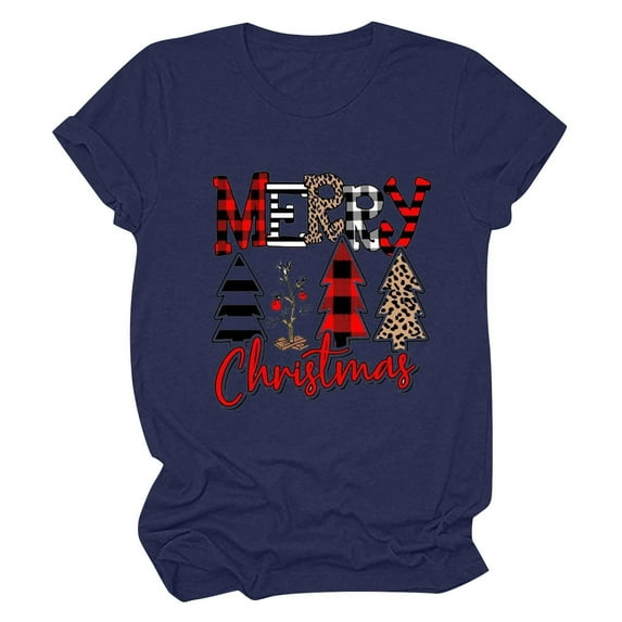 Honeeladyy Merry Christmas Shirts for Women Xmas Plaid Tree Letter Printed Shirt Top Short Sleeve Casual Graphic Print T Shirt for All Season Christmas Gift Navy XL