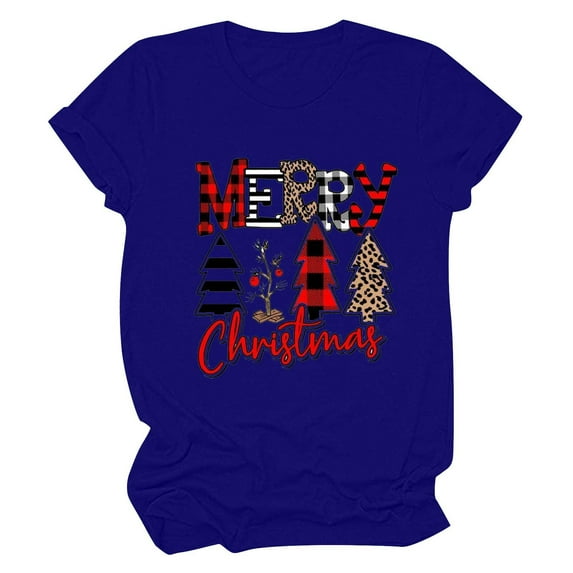Honeeladyy Merry Christmas Shirts for Women Xmas Plaid Tree Letter Printed Shirt Top Short Sleeve Casual Graphic Print T Shirt for All Season New Year Gift Dark Blue L