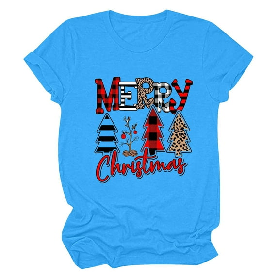 Honeeladyy Merry Christmas Shirts for Women Xmas Plaid Tree Letter Printed Shirt Top Short Sleeve Casual Graphic Print T Shirt for All Season Valentines Day Gift Blue S