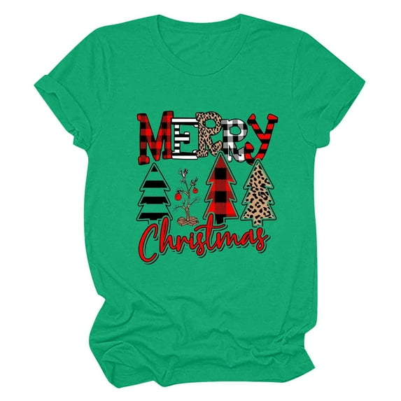 Honeeladyy Merry Christmas Shirts for Women Xmas Plaid Tree Letter Printed Shirt Top Short Sleeve Casual Graphic Print T Shirt for All Season Visiting Gift Z-Green S
