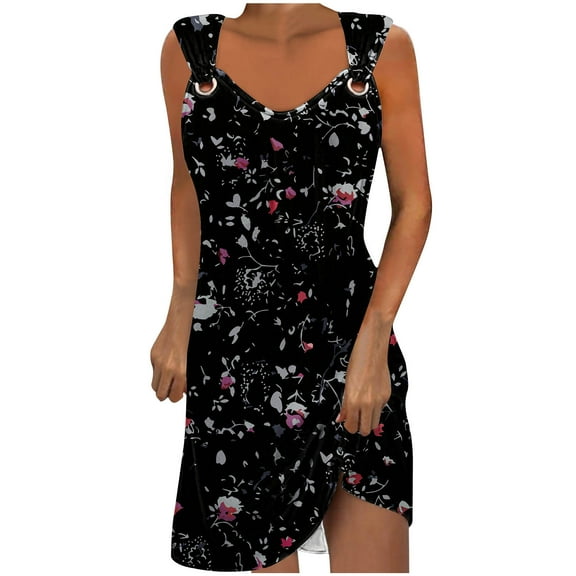 Honeeladyy Mini Dresses for Women Summer Sleeveless Print Beach Dress A Line Strap Vacation Sundresses Black S