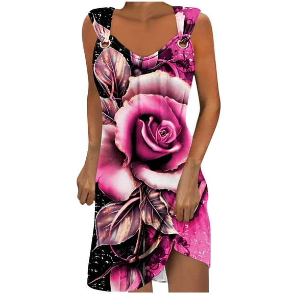 Honeeladyy Mini Dresses for Women Summer Sleeveless Print Beach Dress A Line Strap Vacation Sundresses Pink M