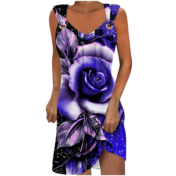 Honeeladyy Mini Dresses for Women Summer Sleeveless Print Beach Dress A Line Strap Vacation Sundresses Purple M