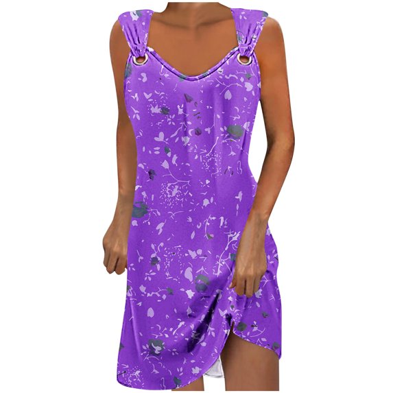 Honeeladyy Mini Dresses for Women Summer Sleeveless Print Beach Dress A Line Strap Vacation Sundresses Purple S
