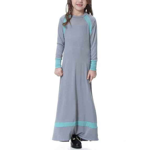 Honeeladyy Muslim Long Dress Medium Big Girls Long Sleeve V Neck Colorblock Dress dresses for girls