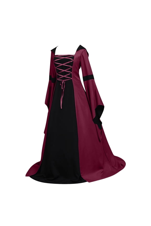 Party Dresses for Women 2023 ,Women's Fashion Flare Long Sleeve Hooded Gothic Court Drawstring Dresses #Tb-Wine-L