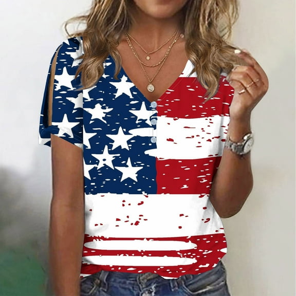 Honeeladyy Patriotic T-Shirts for Women Fashion Casual Shirts Short Sleeve Loose Tee Tops V Neck Blouse Gifts for Friends(Red,XL)