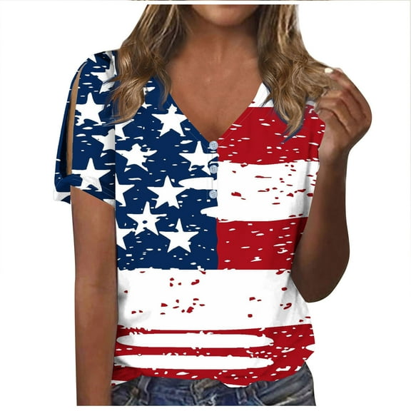 Honeeladyy Patriotic T-Shirts for Women Fashion Casual Shirts Short Sleeve Loose Tee Tops V Neck Blouse for Camping(Red,L)