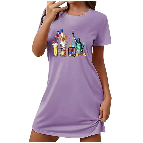 Honeeladyy Patriotic T-Shirts for Women's Oversized Short Nightgown Fashion Chest Print Short Sleeve Nightdress for Datings(Purple,S)