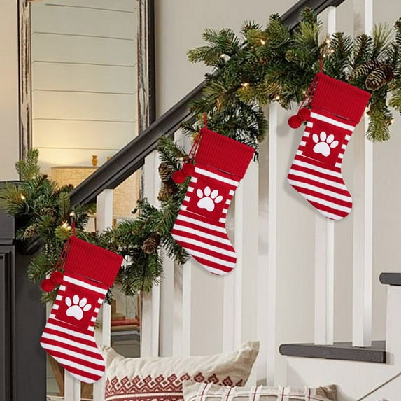 Honeeladyy Personalized Christmas Stockings, Cute Paw Print Red Christmas Stockings, 19.68 Large Knitted Striped Xmas Stockings for Christmas Holiday Decoration (1 Pcs)